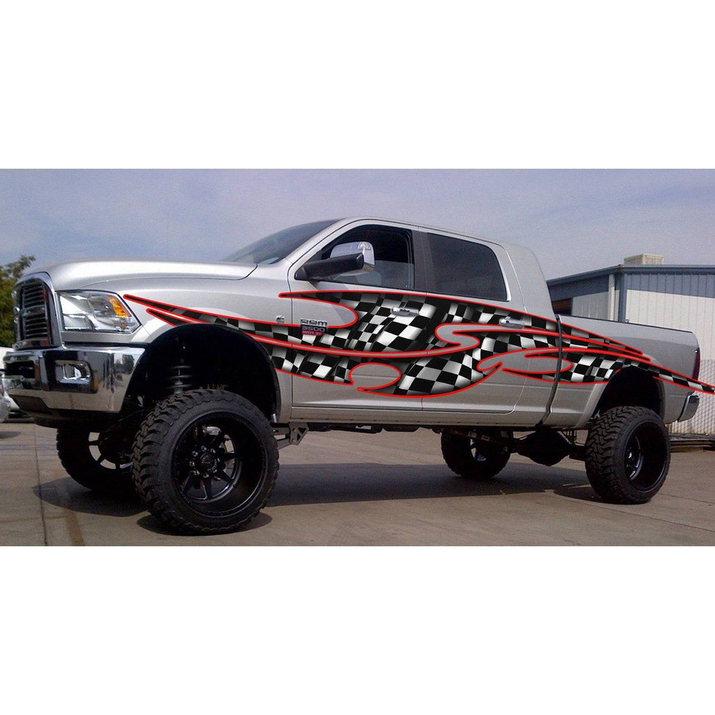 3D Tribal Checkered Flag Truck Wrap, Tribal Checkered Flag Truck Graphics, Tribal Checkered Flag Truck Side Full Color Vinyl Sticker, Tribal Checkered Flag Truck Vinyl Side Graphics, Tribal Car Sticker