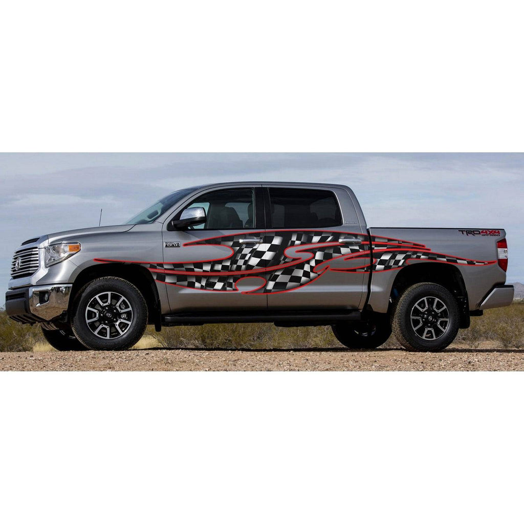 3D Tribal Checkered Flag Truck Wrap, Tribal Checkered Flag Truck Graphics, Tribal Checkered Flag Truck Side Full Color Vinyl Sticker, Tribal Checkered Flag Truck Vinyl Side Graphics, Tribal Car Sticker