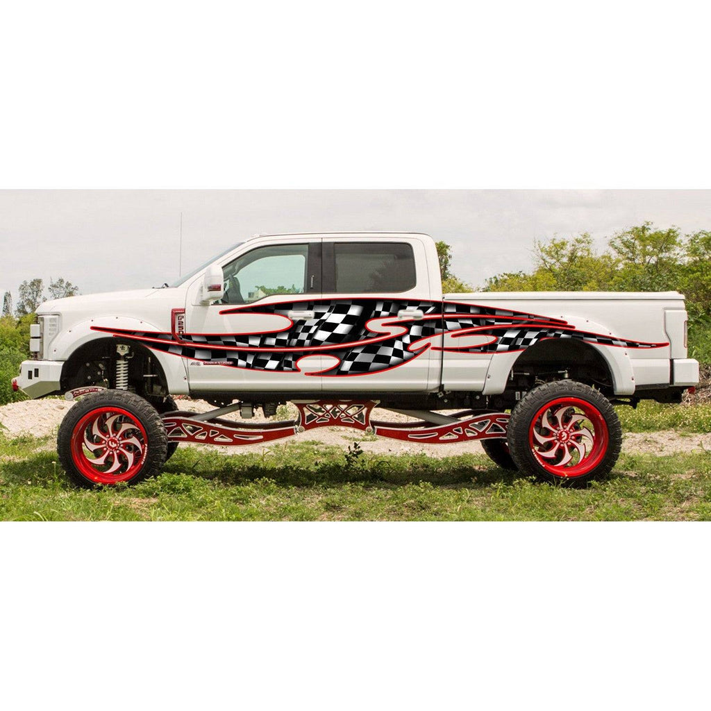 3D Tribal Checkered Flag Truck Wrap, Tribal Checkered Flag Truck Graphics, Tribal Checkered Flag Truck Side Full Color Vinyl Sticker, Tribal Checkered Flag Truck Vinyl Side Graphics, Tribal Car Sticker