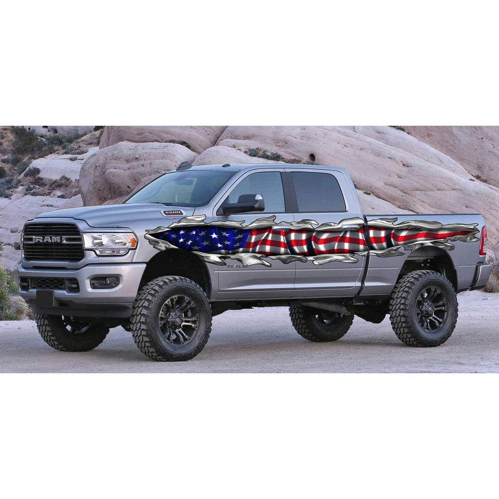 Ripped USA Flag Truck Graphics, USA Flag Truck Side Full Color Vinyl Sticker, USA Flag Truck Vinyl Side Graphics, American Flag Car Sticker