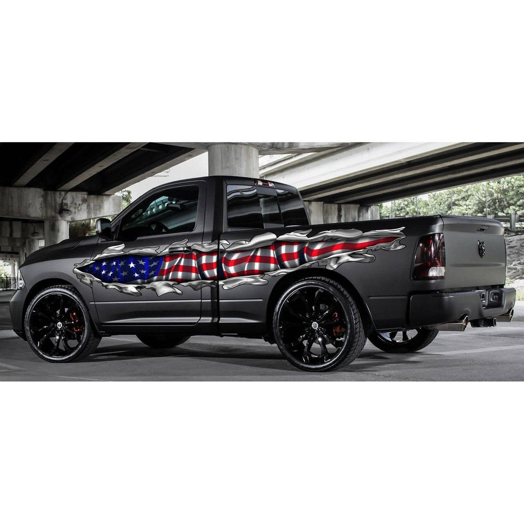 Ripped USA Flag Truck Graphics, USA Flag Truck Side Full Color Vinyl Sticker, USA Flag Truck Vinyl Side Graphics, American Flag Car Sticker