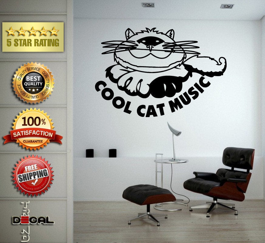 Cool Cat Music Kitten Smiling Cat Words Funny Wall Decal Vinyl Sticker Mural Room Decor L1762