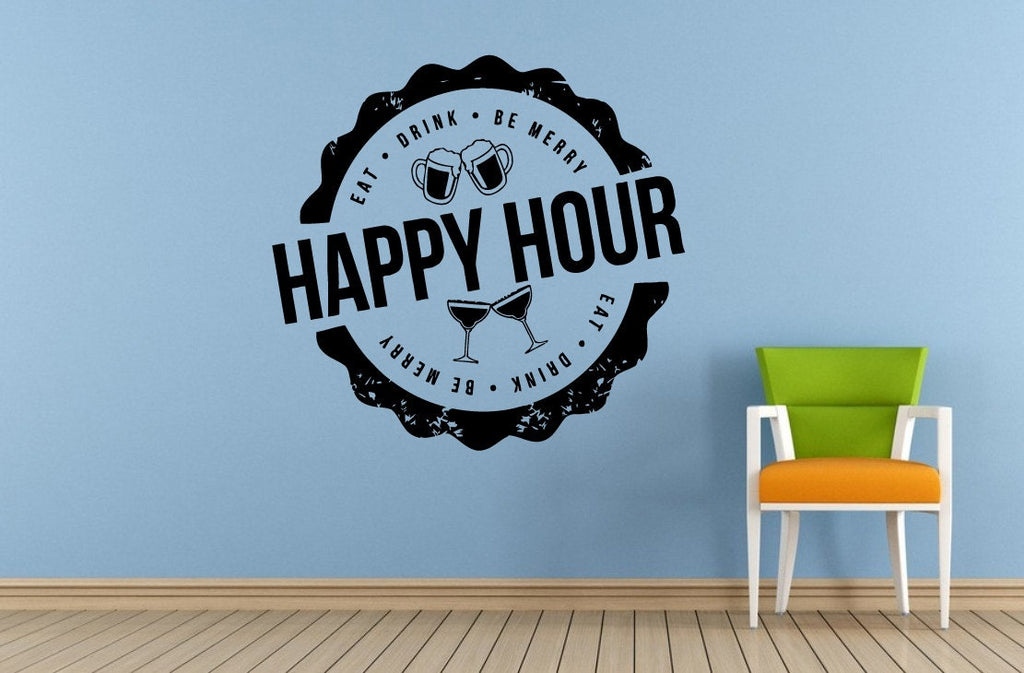 Happy Hour Cocktails Drinks Specials Stamp Sign Logo Store Shop Salon Window Wall Decal Vinyl Sticker Mural Room Decor L1716