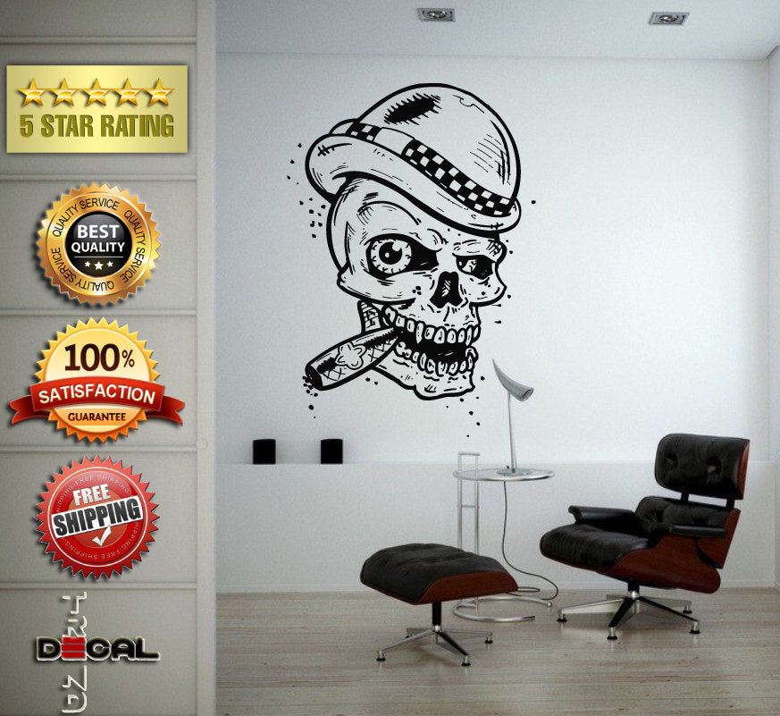 Skull Head Checkered Hat Smoking Cigar Vinyl Sticker Mural Room Decor L1777