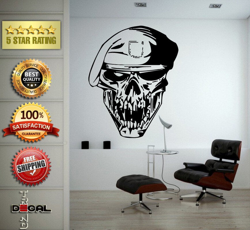 Skull Head Military Beret Hat Vinyl Sticker Mural Room Decor L1778