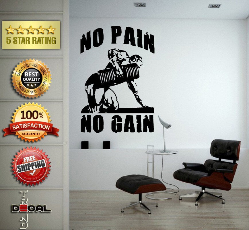 No Pain No Gain Lifting Weights Training Gym Athletics Body Building Physical Education Gymnasium Wall Vinyl Sticker Mural Room Decor L1793