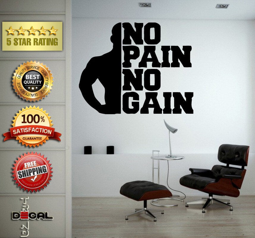 No Pain No Gain Lifting Weights Training Gym Athletics Body Building Physical Education Gymnasium Wall Vinyl Sticker Mural Room Decor L1794