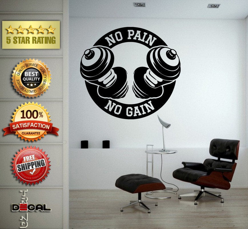 No Pain No Gain Lifting Weights Training Gym Athletics Body Building Physical Education Gymnasium Wall Vinyl Sticker Mural Room Decor L1795