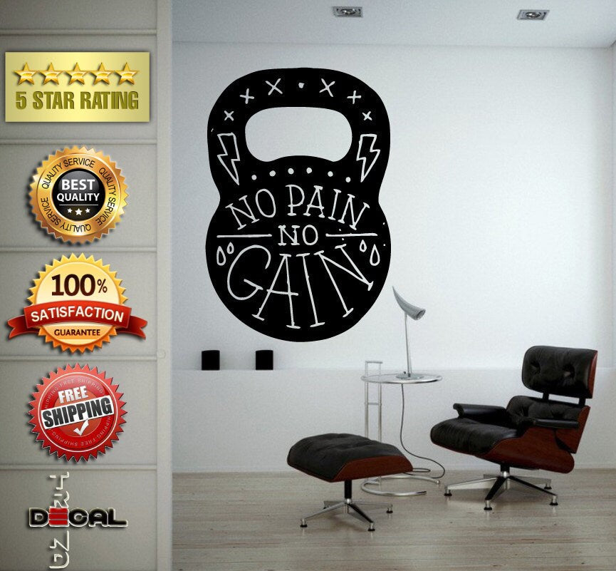 No Pain No Gain Lifting Weights Training Gym Athletics Body Building Physical Education Gymnasium Wall Vinyl Sticker Mural Room Decor L1802