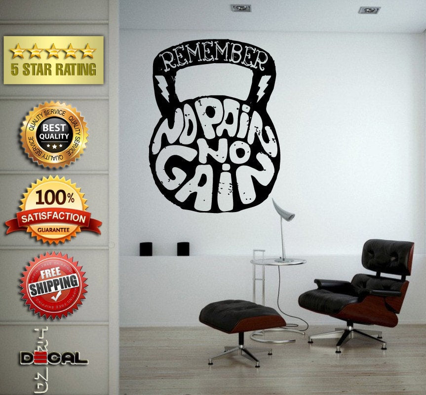 No Pain No Gain Lifting Weights Training Gym Athletics Body Building Physical Education Gymnasium Wall Vinyl Sticker Mural Room Decor L1808