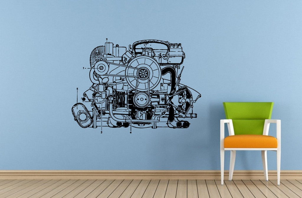Car Vehicle Automobile Engine Motor Parts Blueprint Wall Decal Vinyl Sticker Mural Room Decor L1840