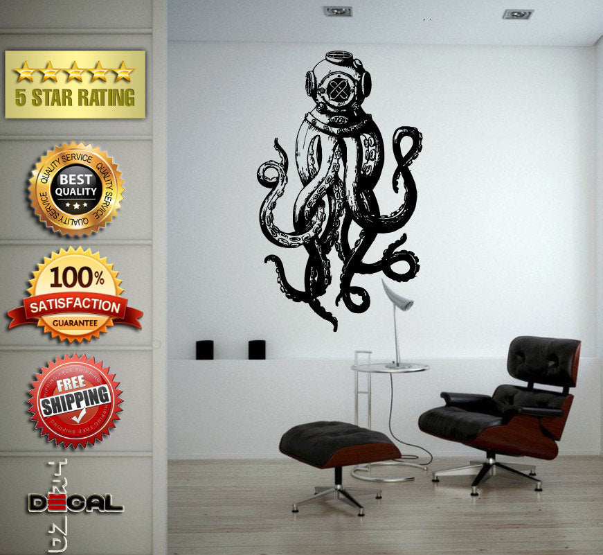 Jellyfish Octopus Sea Ocean Water Fish Creature Scuba Helmet Long Tentacles Wall Window Sticker Decal Vinyl Silhouette Decor L1855