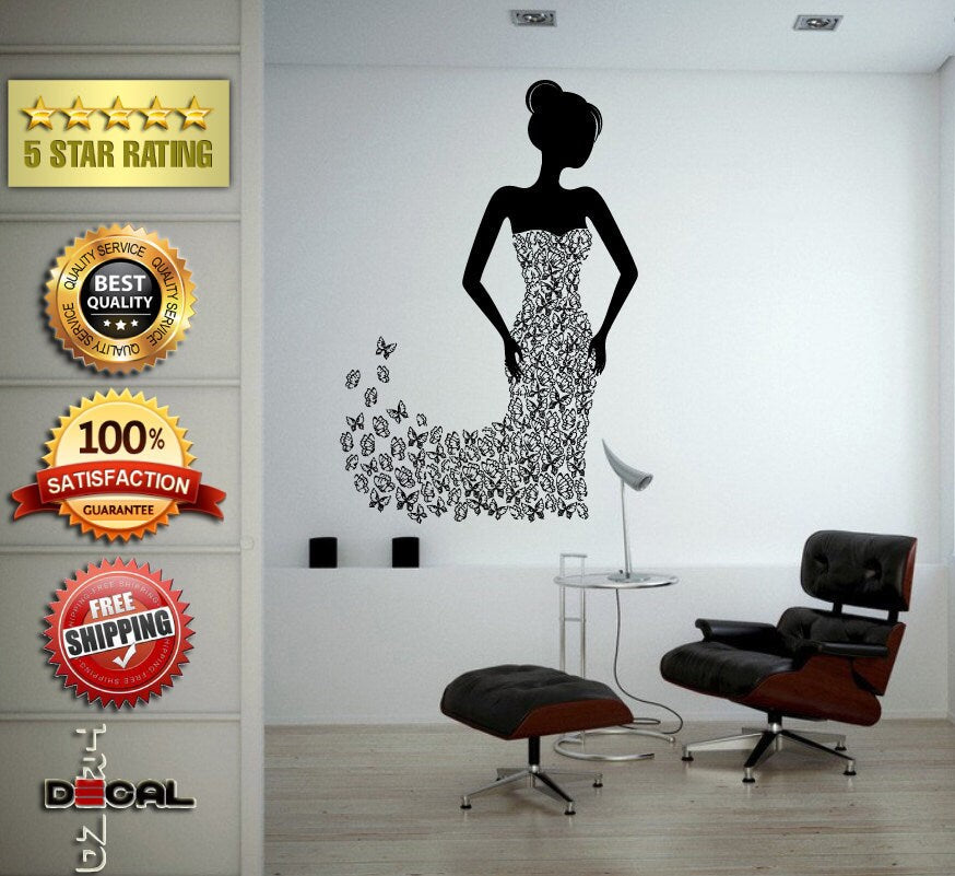 Butterfly Dress Girl Model Bride Beautiful Fashion Natural Nature Design Wall Window Sticker Decal Vinyl Silhouette Decor L1857