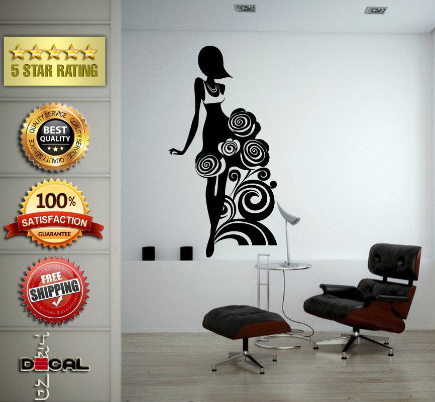 Flower Pattern Dress Girl Model Bride Beautiful Fashion Woman Pretty Design Wall Window Sticker Decal Vinyl Silhouette Decor L1864