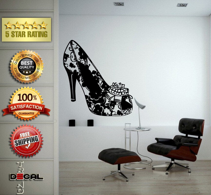 Heels Shoes Flower Fashion Design Woman Girls Fashion Wall Window Sticker Decal Vinyl Silhouette Decor L1883