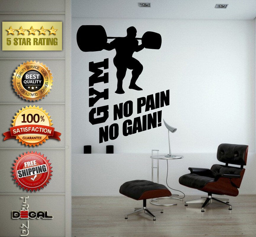 No Pain No Gain Lifting Weights Training Gym Athletics Body Building Physical Education Gymnasium Wall Vinyl Sticker Mural Room Decor L1789