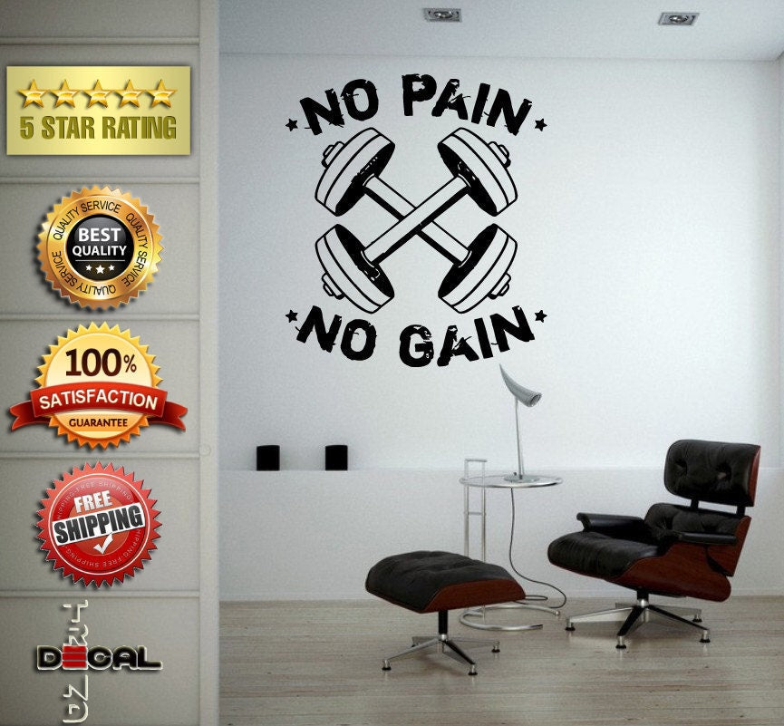 No Pain No Gain Lifting Weights Training Gym Athletics Body Building Physical Education Gymnasium Wall Vinyl Sticker Mural Room Decor L1790