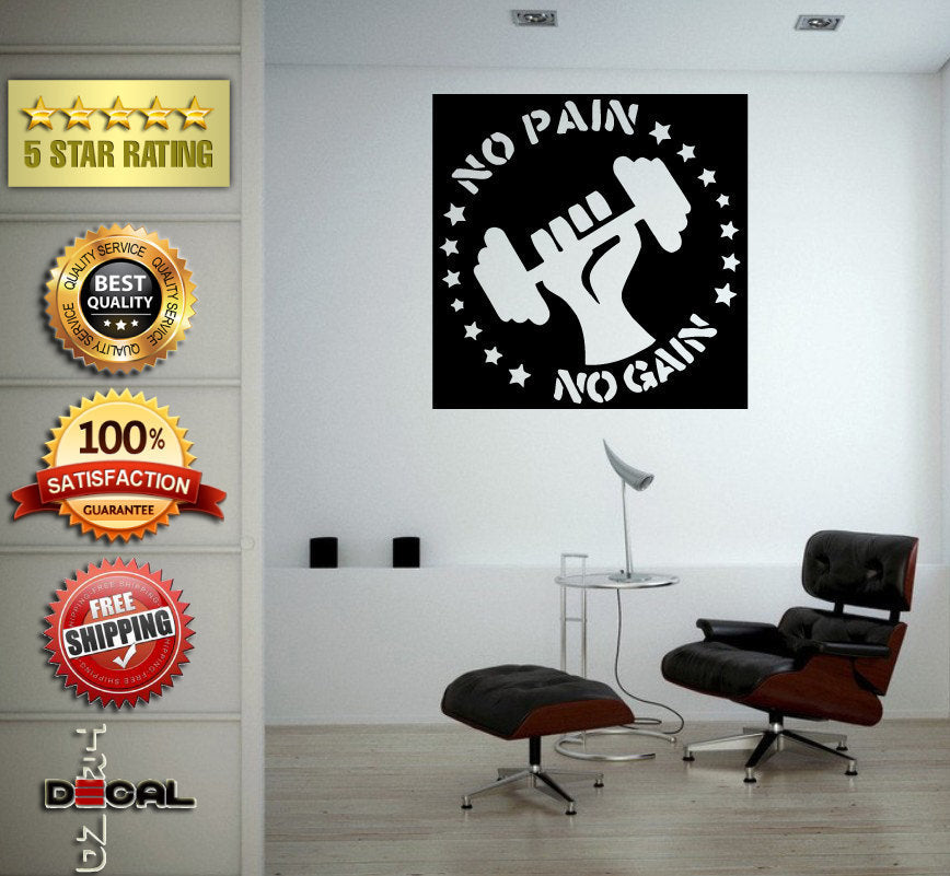 No Pain No Gain Lifting Weights Training Gym Athletics Body Building Physical Education Gymnasium Wall Vinyl Sticker Mural Room Decor L1798