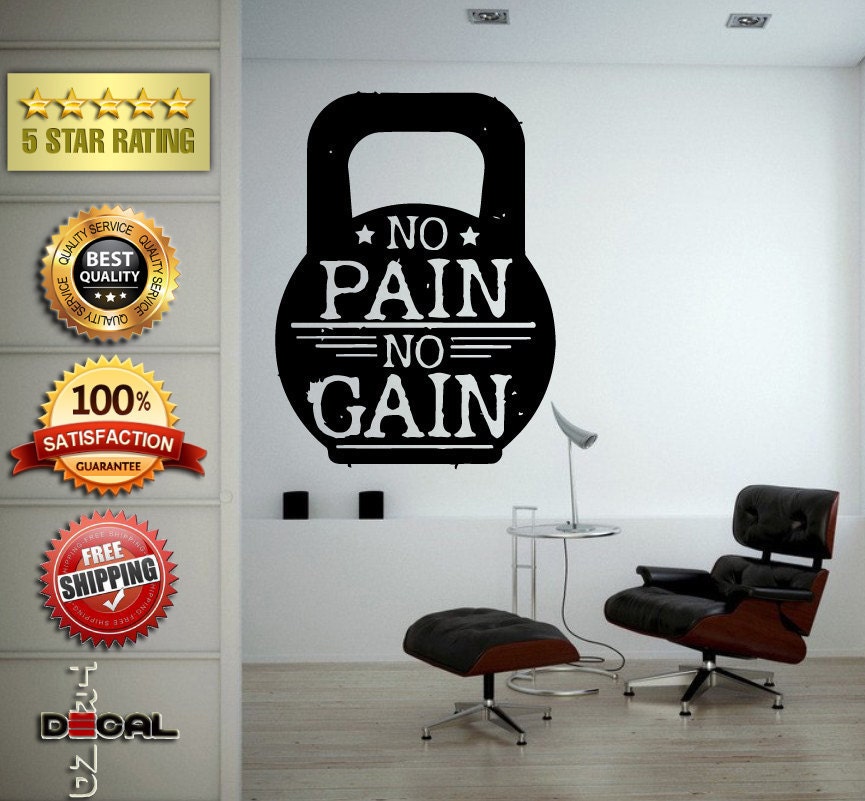 No Pain No Gain Lifting Weights Training Gym Athletics Body Building Physical Education Gymnasium Wall Vinyl Sticker Mural Room Decor L1800