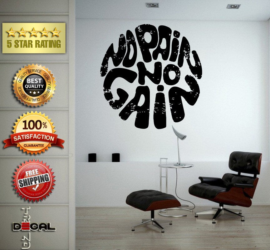 No Pain No Gain Lifting Weights Training Gym Athletics Body Building Physical Education Gymnasium Wall Vinyl Sticker Mural Room Decor L1803