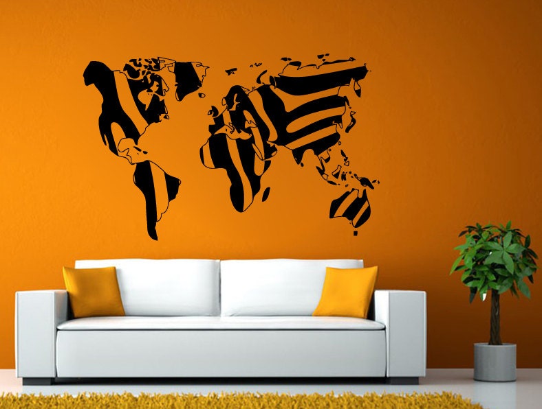 World Map Zebra Lines Wall or Window Sticker Decal Vinyl Fathead Mural Decor L1972