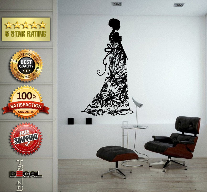 Flower Pattern Dress Girl Model Bride Beautiful Fashion Woman Pretty Design Wall Window Sticker Decal Vinyl Silhouette Decor L1865