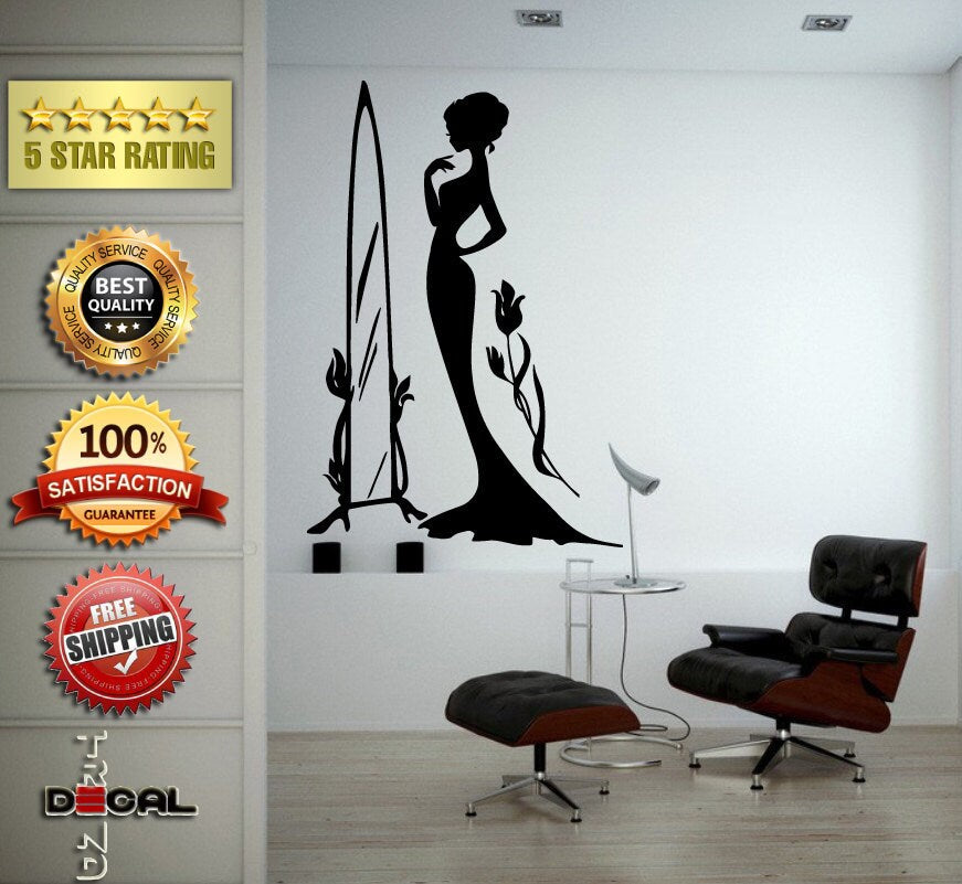Flower Pattern Dress Girl Model Bride Beautiful Fashion Woman Pretty Design Wall Window Sticker Decal Vinyl Silhouette Decor L1873