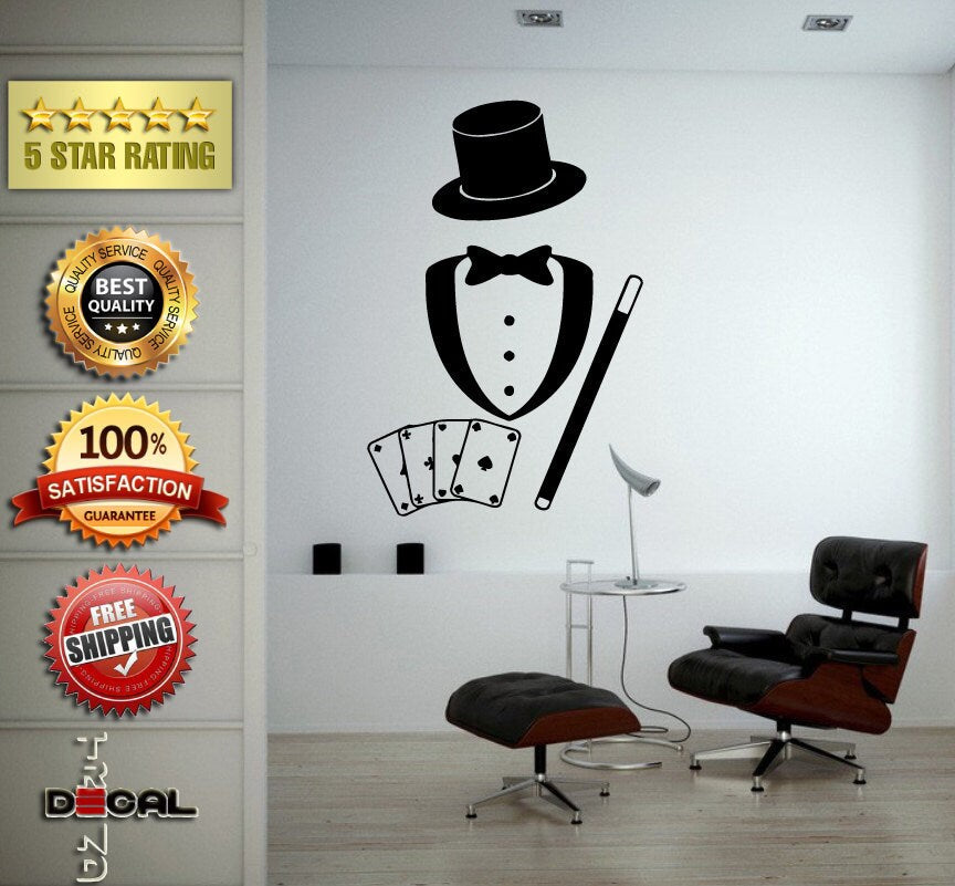 Magic Magicians Tools Kit Playing Cards Magic Wand Cylinder Top Hat Wall Window Sticker Decal Vinyl Silhouette Decor L1878