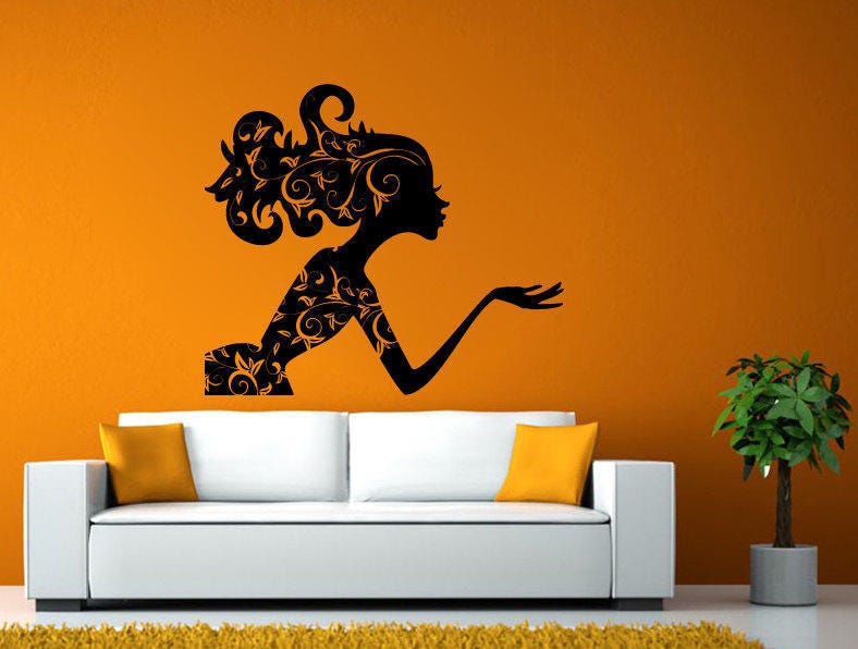 Girl Flower Hair Blowing Kiss Fashion Salon Shop Model Wall or Window Sticker Decal Vinyl Fathead Mural Decor L2004