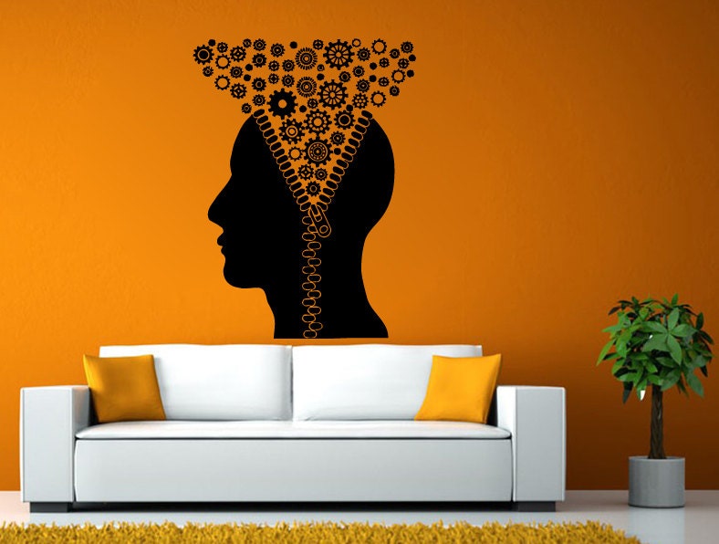 Human Man Brains Unzipped Zipper Thoughts Gears Knowledge Wall or Window Sticker Decal Vinyl Fathead Mural Decor L1934