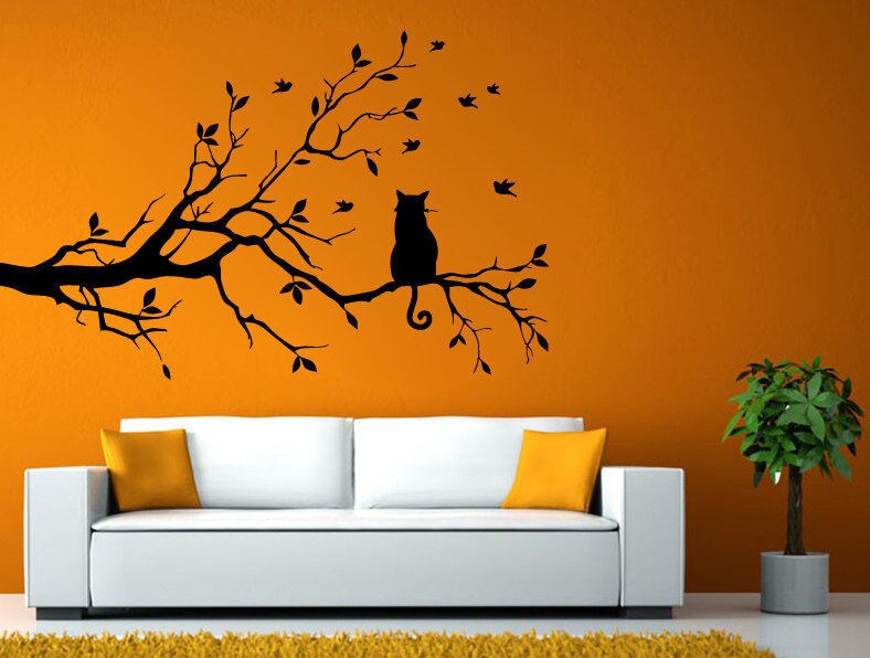 Cat On Tree Branch Birds Pattern Kitten Sitting Wall Window Vehicle Sticker Decal Vinyl Fathead Mural Decor L2050