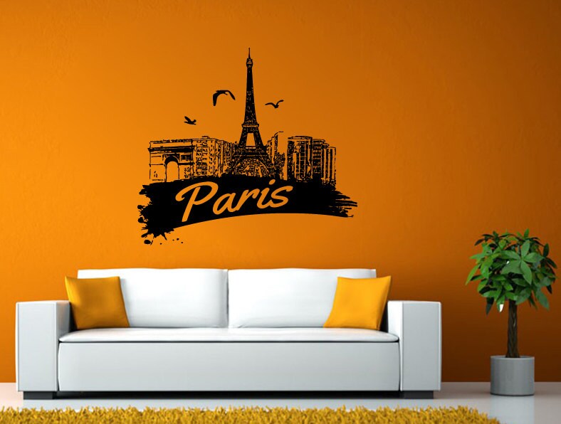 Paris Eiffel Tower Paris Flying Birds City Town Skyline View Wall or Window Sticker Decal Vinyl Fathead Mural Decor L1960