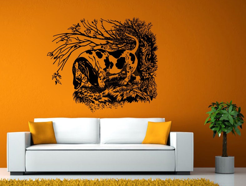 Hunting Dog Forest Basset Hound Breed Wall or Window Sticker Decal Vinyl Fathead Mural Decor L1987