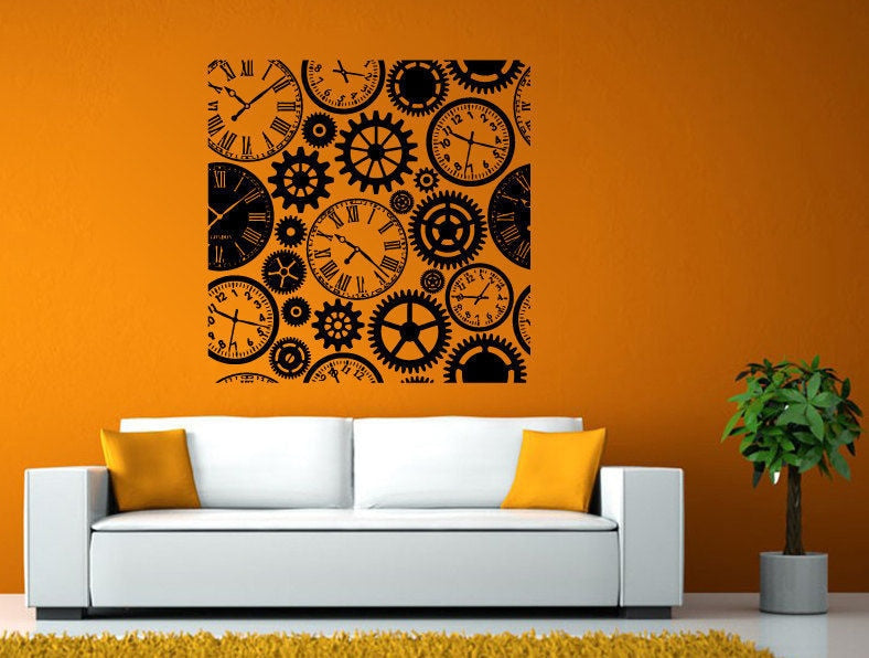 Clock Mechanical Gears Watch Mechanics Wall or Window Sticker Decal Vinyl Fathead Mural Decor L2003
