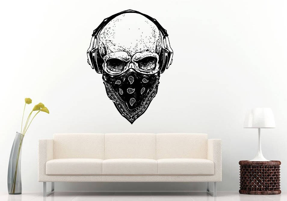 Skull Headphones Bandanna Gangster Wall Window Vehicle Sticker Decal Vinyl Mural Decor Art L2080