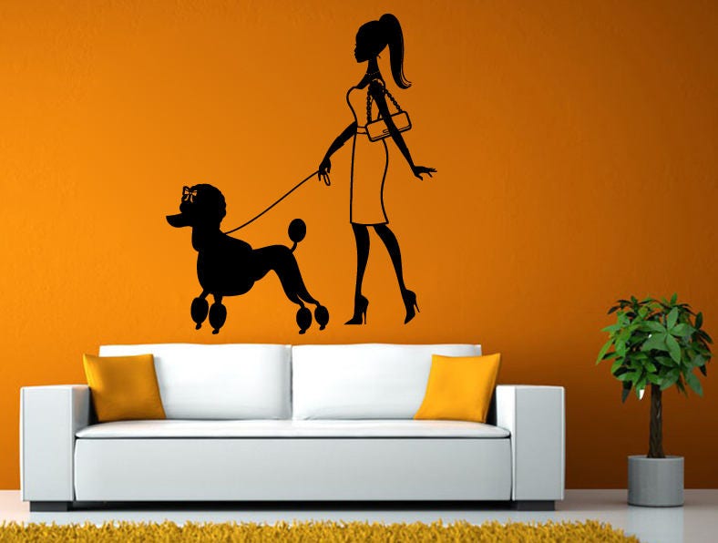 Classy Pretty Beautiful Woman Walking Cute Poodle Bread Dog Fashion Wall Stickers Decals Vinyl Mural Decor Art L2094