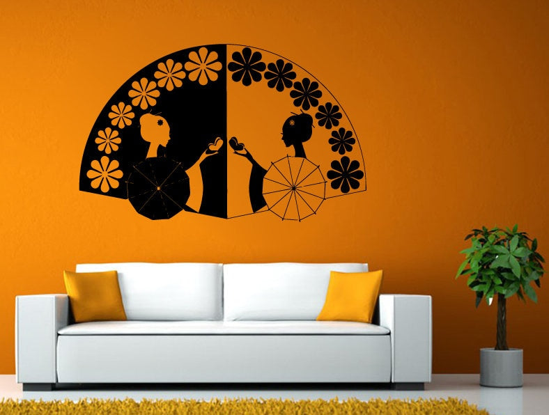 Geisha Hand Fan Asian Woman Flowers Patern Wall Stickers Decals Vinyl Mural Decor Art L2117