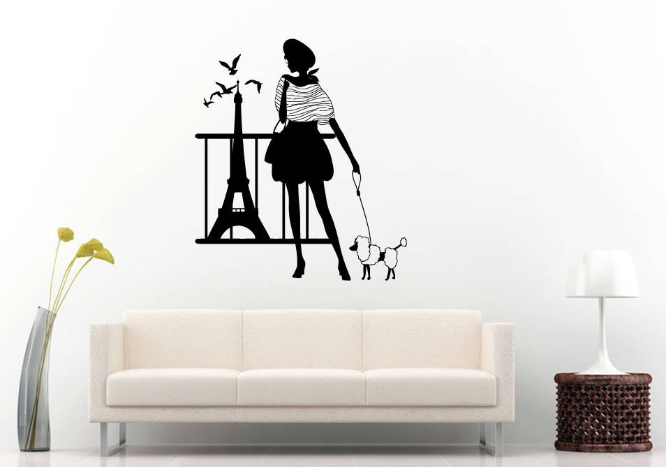 Paris France Eiffel Tower Fashion Girl Poodle Dog Love Woman Wall Sticker Decal Vinyl Mural Decor Art L2240