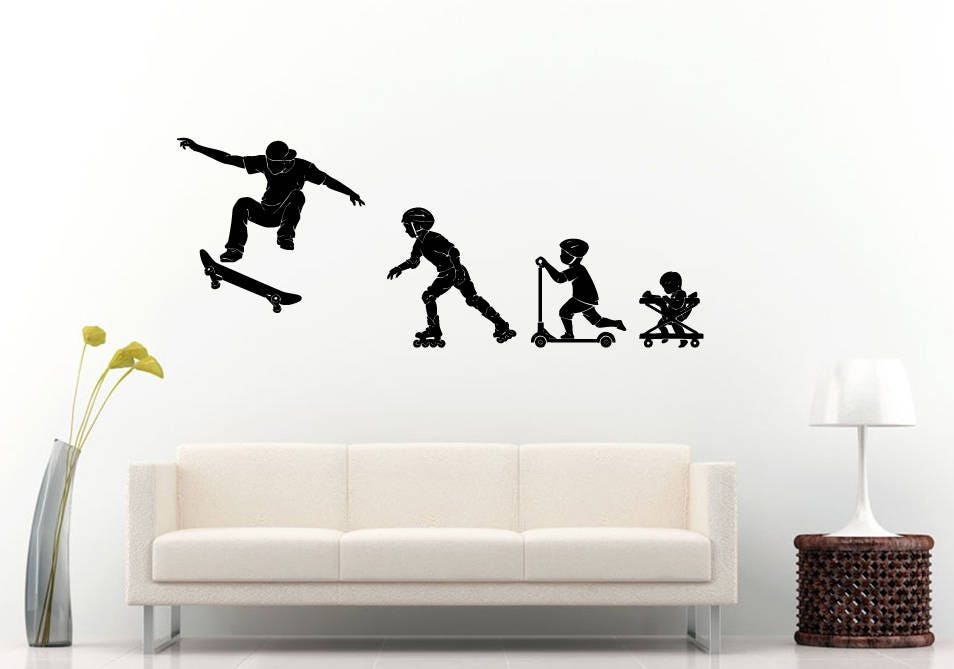 Skate Skating Skateboarding Skateboarder Rollerblading Scooter Riding Stroller Riding Boy Wall Sticker Decal Vinyl Mural Decor Art L2265