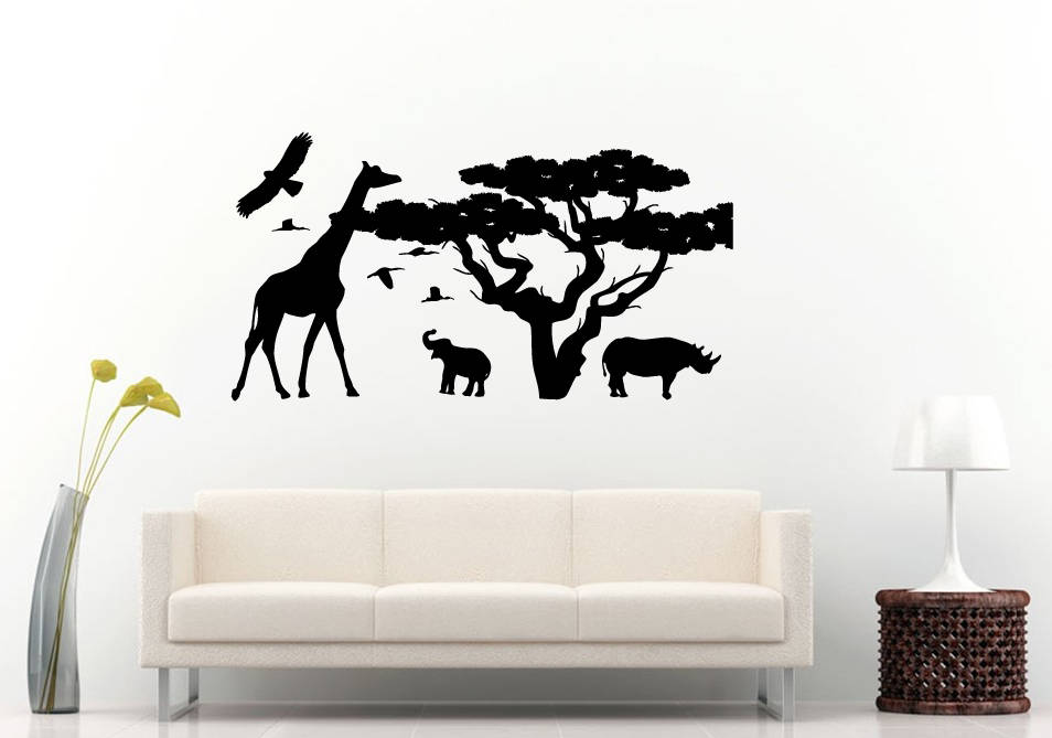 African Safari Africa Animal Kingdom Tree Jungle Birds Giraffe Nature Wall Sticker Decal Vinyl Mural Decor Art L2282
