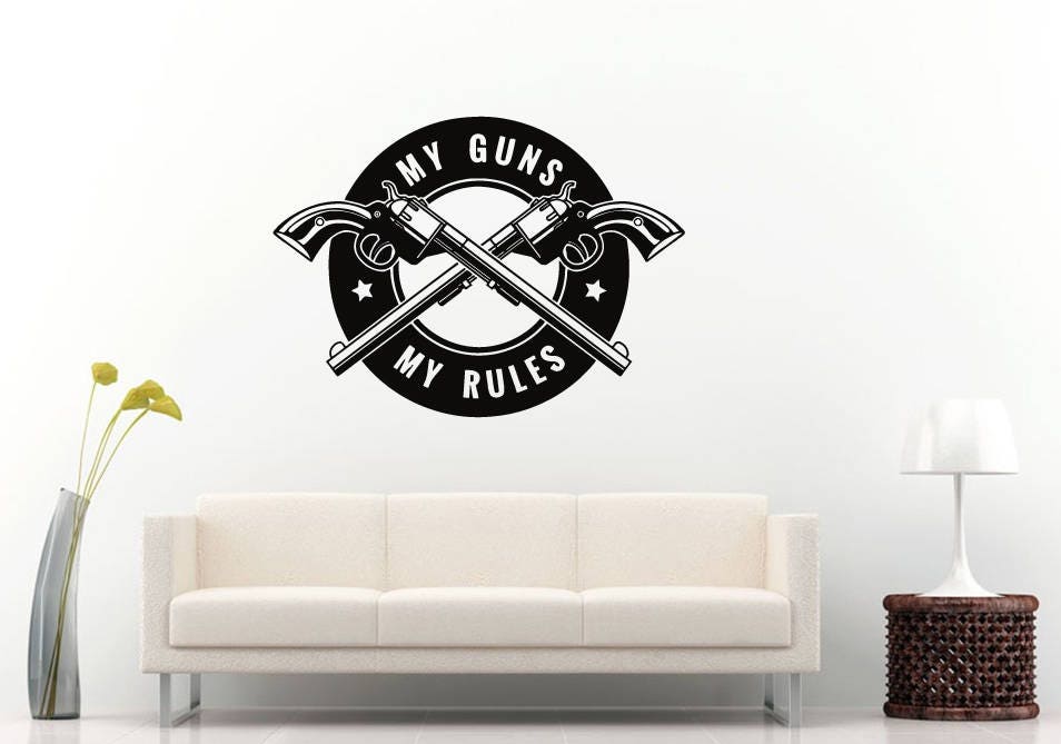 Gun Rules Two Guns Pistols Revolver Caliber Firearm Weapon Logo Wall Sticker Decal Vinyl Mural Decor Art L2286