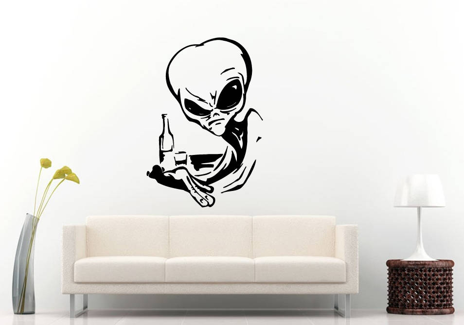 Alien UFO Extra Terrestrial Funny Alien Drinking Bottle Bar Wall Sticker Decal Vinyl Mural Decor Art L2298