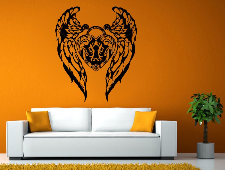 Love Heart Angel Wings Love Lock Key Beautiful Ornament Wall Stickers Decals Vinyl Mural Decor Art L2111