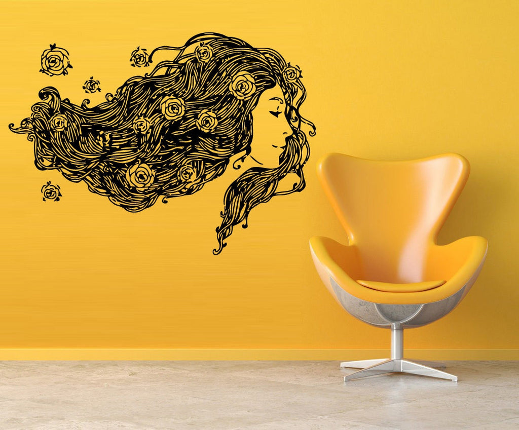 Girl Long Wavy Hair Rose Bedroom Decor with Large Flower Wall Stickers - Custom Wall Decal for girl bedroom Decor VG033