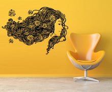 Load image into Gallery viewer, Girl Long Wavy Hair Rose Bedroom Decor with Large Flower Wall Stickers - Custom Wall Decal for girl bedroom Decor VG033