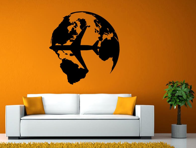 World Travel Wall Sticker, World Travel Wall Decal, Airplane Wall Sticker, Airplane Wall Decal L2147