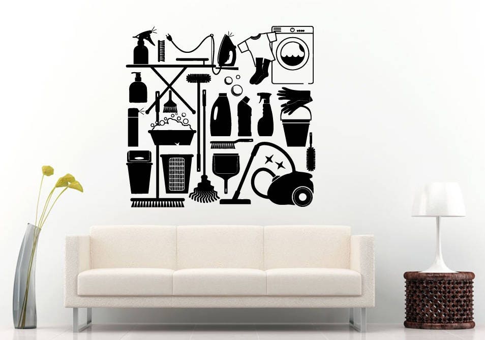 Laundry Room Tools House Work Cleaning Washer Dryer Vacuum DIY Wall Stickers Decals Vinyl Mural Decor Art L2176