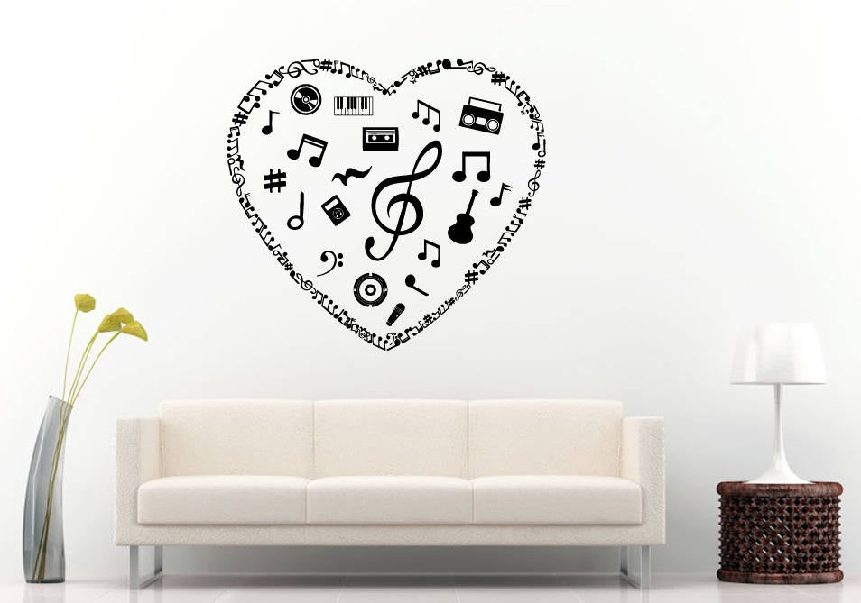 Music Love Heart Notes Instruments DIY Wall Sticker Decal Vinyl Mural Decor Art L2190
