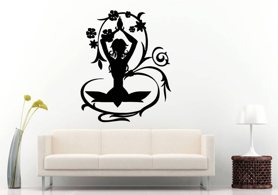 Yoga Girl Nature Tree Flowers Lotus Pose Mandala Henna Mehndi Namaste Om Meditation Wall Sticker Decal Vinyl Mural Decor Art L2223