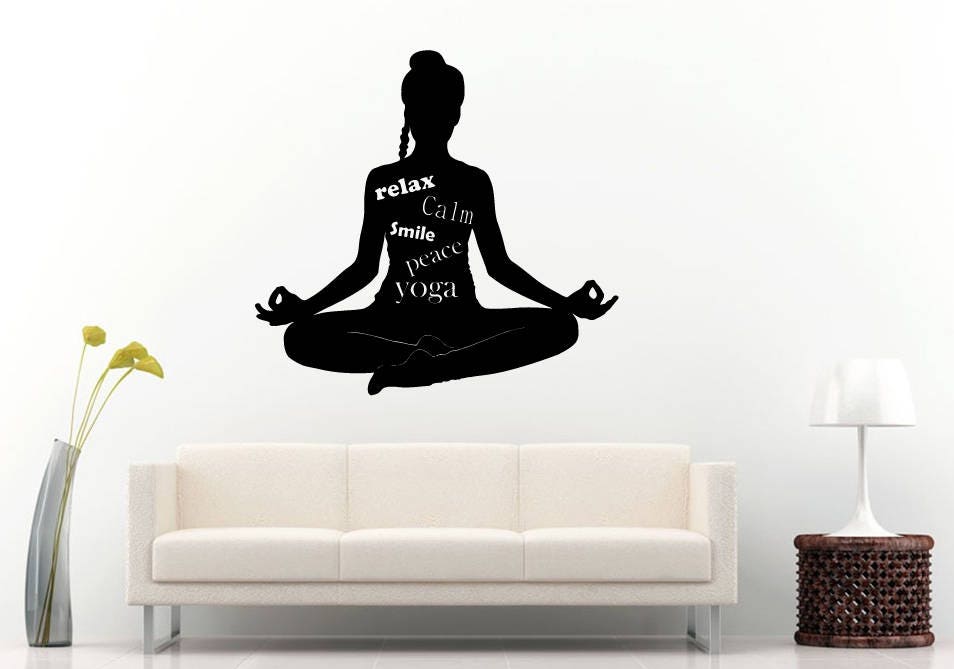 Yoga Relax Calm Peace Smile Girl Lotus Pose Mandala Henna Mehndi Namaste Om Meditation Wall Sticker Decal Vinyl Mural Decor Art L2224